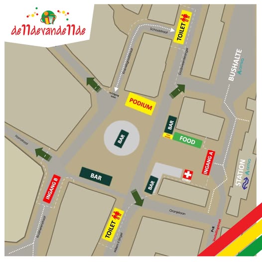 Plattegrond van het terrein rond het Stationsplein met podium, bars, food, toiletten en ingangen